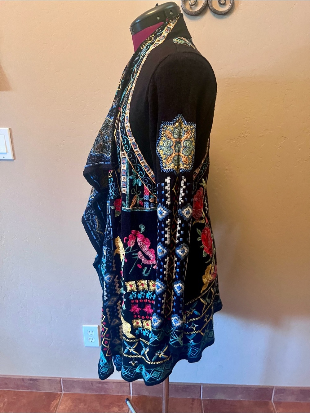 Johnny Was Nomad Embroidered Boho Duster Cardigan Sweater Black Multicolor Med - Picture 4 of 8